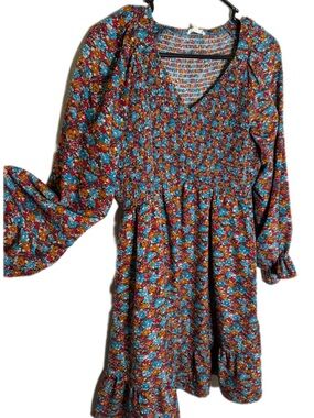 Floral Smocked Midi Dress in Teal and Rust with Flower Accents